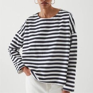 COS Navy White Breton Boxy Striped Long Sleeve Shirt Sz Large